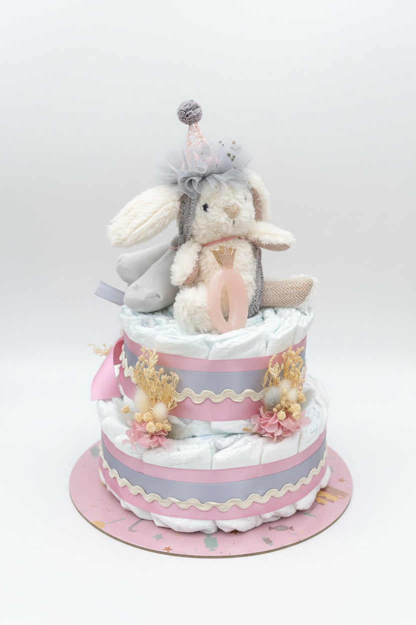 Windeltorte rosa mit Hasen | Geschenk zur Geburt