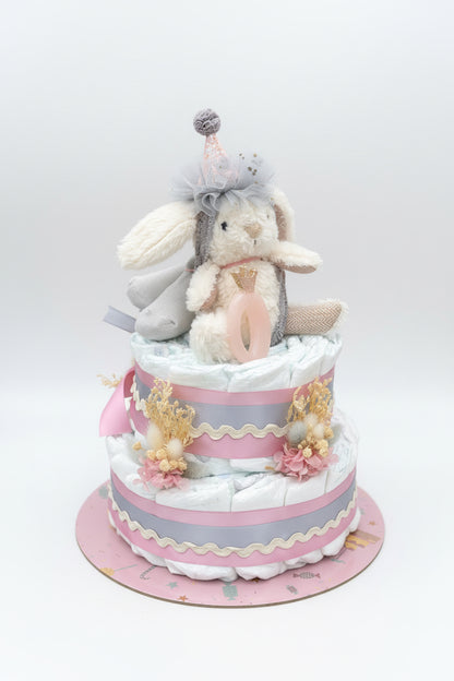 Windeltorte rosa mit Hasen | Geschenk zur Geburt