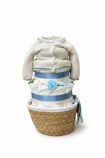 Windeltorte blau-beige mit Babyset Girl | Geschenk zur Geburt