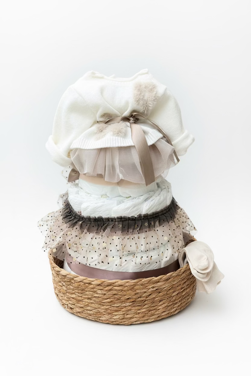 Windeltorte beige mit Baby Set Girl | Geschenk zur Geburt