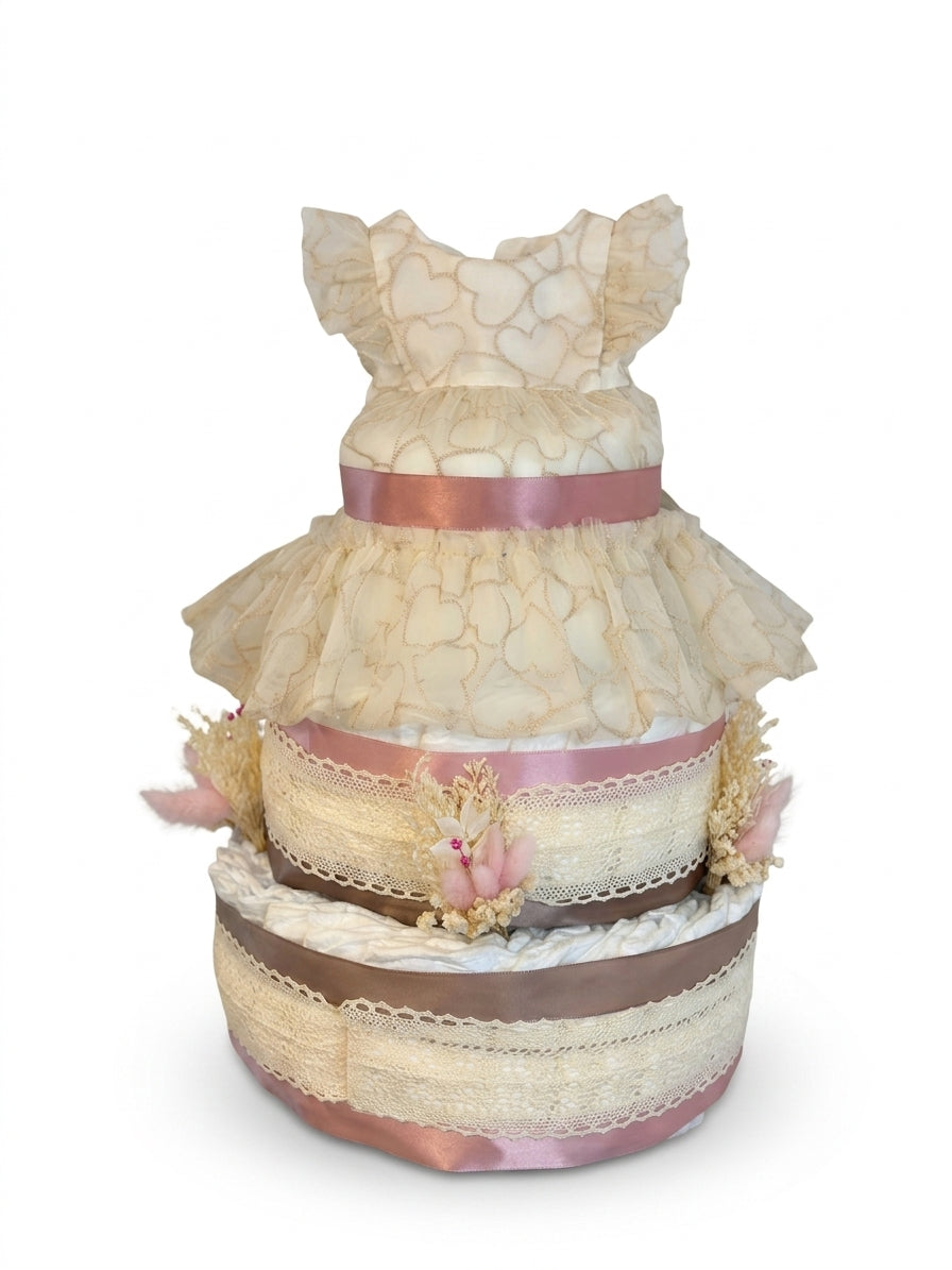 Windeltorte Beige-Rosa mit Babyset | Geschenk zur Geburt