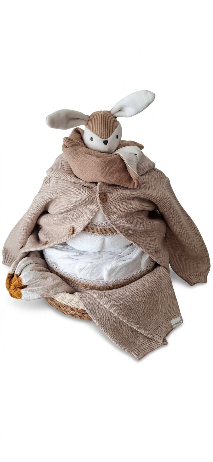 Windeltorte Beige mit Babyset und Kuscheltuch | Geschenk zur Geburt