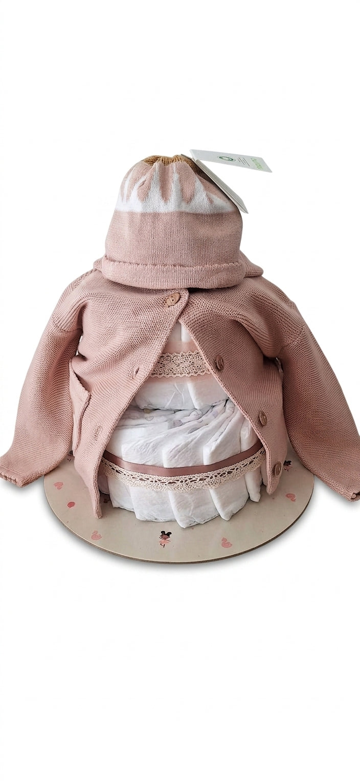 Windeltorte Rosa mit Babyset | Geschenk zur Geburt