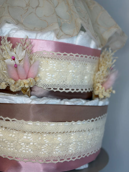 Windeltorte Beige-Rosa mit Babyset | Geschenk zur Geburt